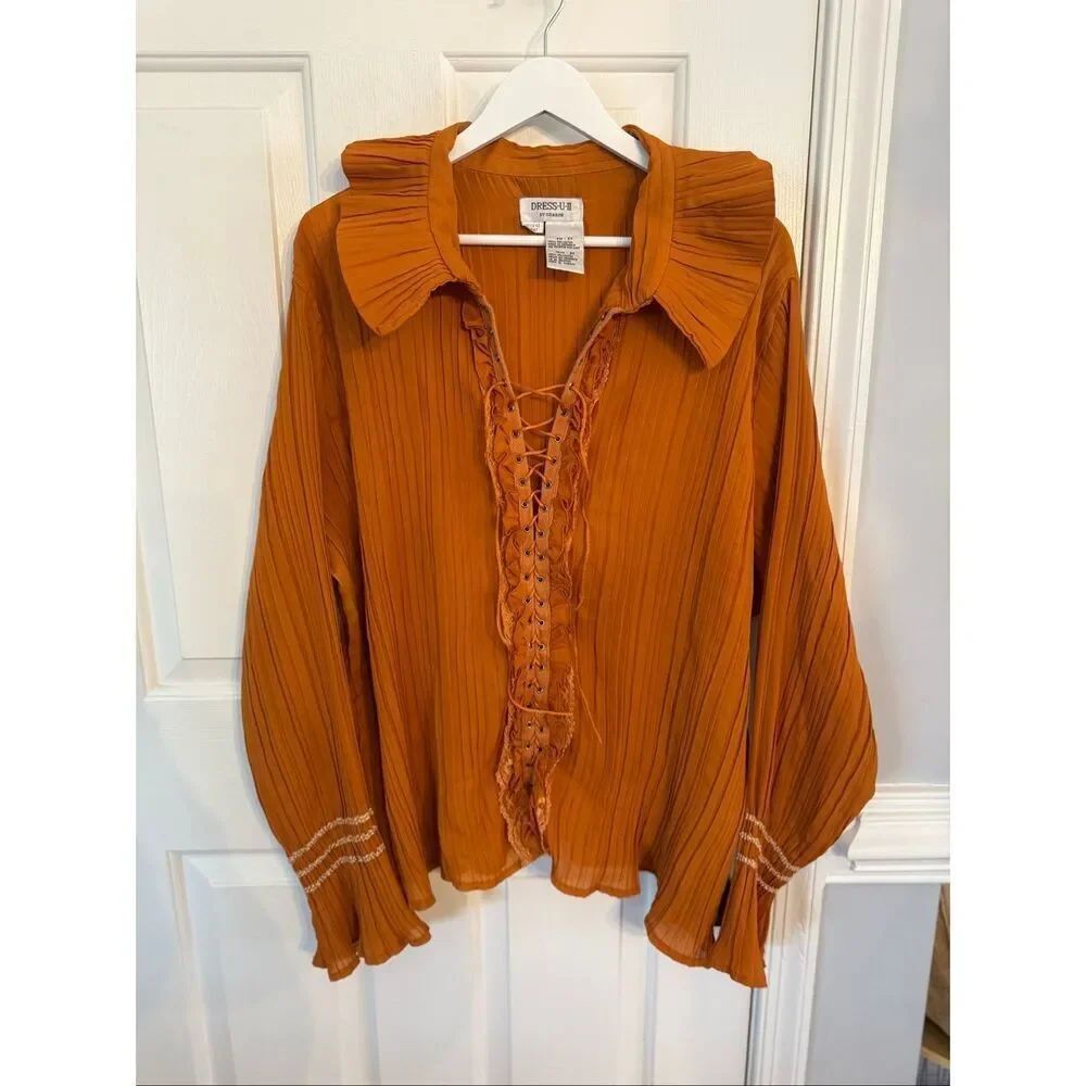 Vintage Dress-U-II Burnt Orange Ruffle Lace Up Wide Collar Pleated Ren Faire Blo